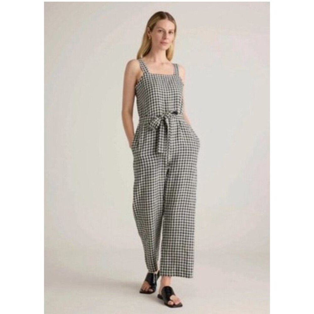 Quince Size M 100% European Linen Square Neck Jumpsuit Khaki Gingham No Belt